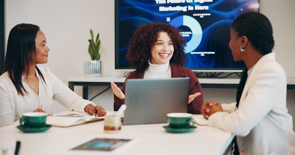 happy,,women,and,team,with,laptop,,meeting,and,plan,for